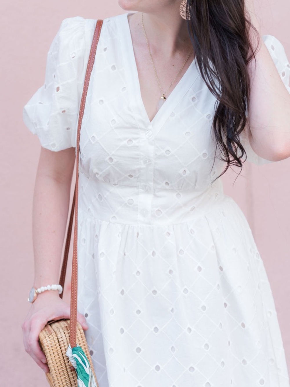 A New Day 100% Cotton Eyelet Puff Sleeve V Neck Button Front White Midi Dress XL